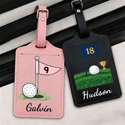 Personalized Golf Ball & Pin Flag PU Leather Luggage Tag with Name, Travel Accessories, Vacation/Birthday Gift for Golf Lovers/Players/Coaches