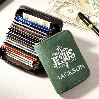 Personalized Name Cross Jesus Saved My Life Card Holder, Men's Wallet with Zipper, Christmas/Baptism/Birthday Gift for Him/Dad/Grandpa/Christians