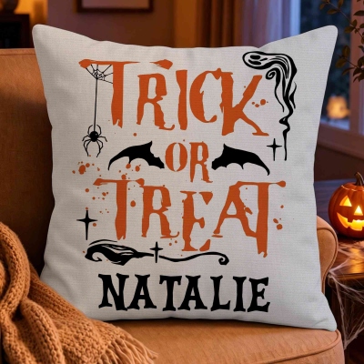 Custom Name Halloween Ghost/Pumpkin/Spooky/Trick or Treat Throw Pillow Cover, Pillowcase with Optional Insert, Halloween Gift for Kids/Family/Friends