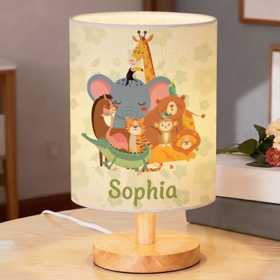Personalized Retro Cartoon Animals Linen Table Lamp with Name, Bedside Night Light, Home Decor, Housewarming/Birthday/Christmas Gift for Kids/Family