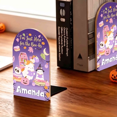 Serre-livres en bois personnalisés avec un adorable fantôme de lecture (1 paire) et un nom, organisateurs de bibliothèque, cadeaux d'Halloween pour enfants/étudiants/amoureux des livres