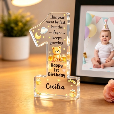 Personalized Name Happy 1st Birthday Cartoon Animal Number 1 Shape Acrylic Plaque, First Birthday Souvenir, Baby Shower/Birthday Gift for Newborns