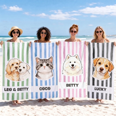 Personalized Cartoon Pet Portrait Striped Beach Towel with Name, Quick-Dry Summer Bath Towel, Summer Vacation/Beach Party Favor, Gift for Pet Lovers