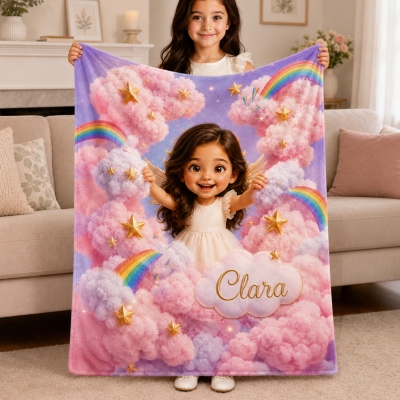 Personalisierte 3D-Cartoon-Engelsdecke mit Namen und Foto, verträumte Wolken-/Lutscher-/Blumenmuster, Flanell-/Sherpa-Überwurf für Bett und Sofa, Geburtstagsgeschenk für Kinder/Mädchen