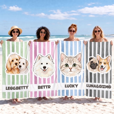 Personalized Cartoon Pet Portrait Striped Beach Towel with Name, Quick-Dry Summer Bath Towel, Summer Vacation/Beach Party Favor, Gift for Pet Lovers