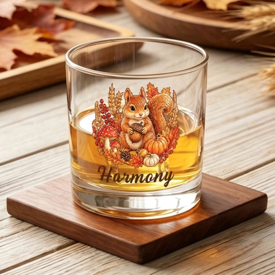 Custom Name Fall Harvest Animal Whiskey Glass, 10oz Old Fashioned Glass, Autumn Farmhouse Table Decor, Thanksgiving Day Gift for Hostess/Family