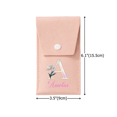 Personalized Birth Flower Makeup Brush Pouch with Name, PU‑Leather Mother‑of‑Pearl Effect Initial Cosmetic Bag, Birthday Gift for Her/Women/Friends