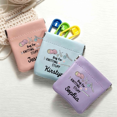 Personalized Knitting Stuff Pouch with Name, PU Leather Mini Squeeze Storage Bag, Daily Use/Birthday/Christmas Gift for Knitters/Crocheters