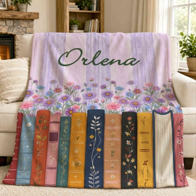 Custom Name Birth Flower Book Spines Striped Blanket, Flannel/Sherpa Bed Couch Throw, Home Decor, Birthday/Christmas Gift for Book Lovers/Readers