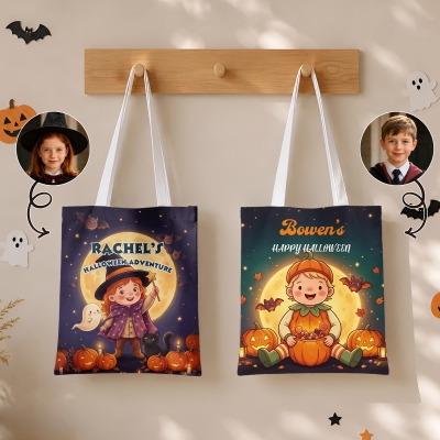 Personalized Halloween Theme Pumpkin Ghost Bat Cartoon Character Photo Tote Bag with Name, Halloween Gift for Kids/Boys/Girls