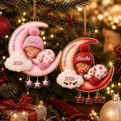 Custom Baby's First Christmas Moon Ornament with Name, Acrylic Tree Hanging Decoration, Newborn Baby Keepsake, Gift for Infant/New Parents/Family