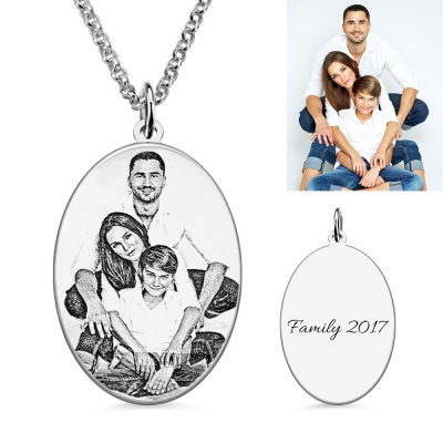 Personalised Pure Silver Oval Family Photo-Engraved Necklace