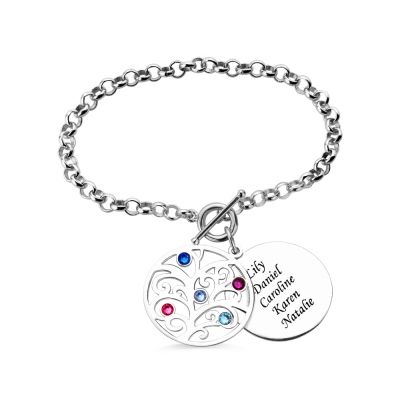 Personalized Birthstone Nana Family Tree Bracelet Sterling Silver