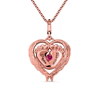Angel Wings Baby Feet Necklace With Birthstone In Rose Gold