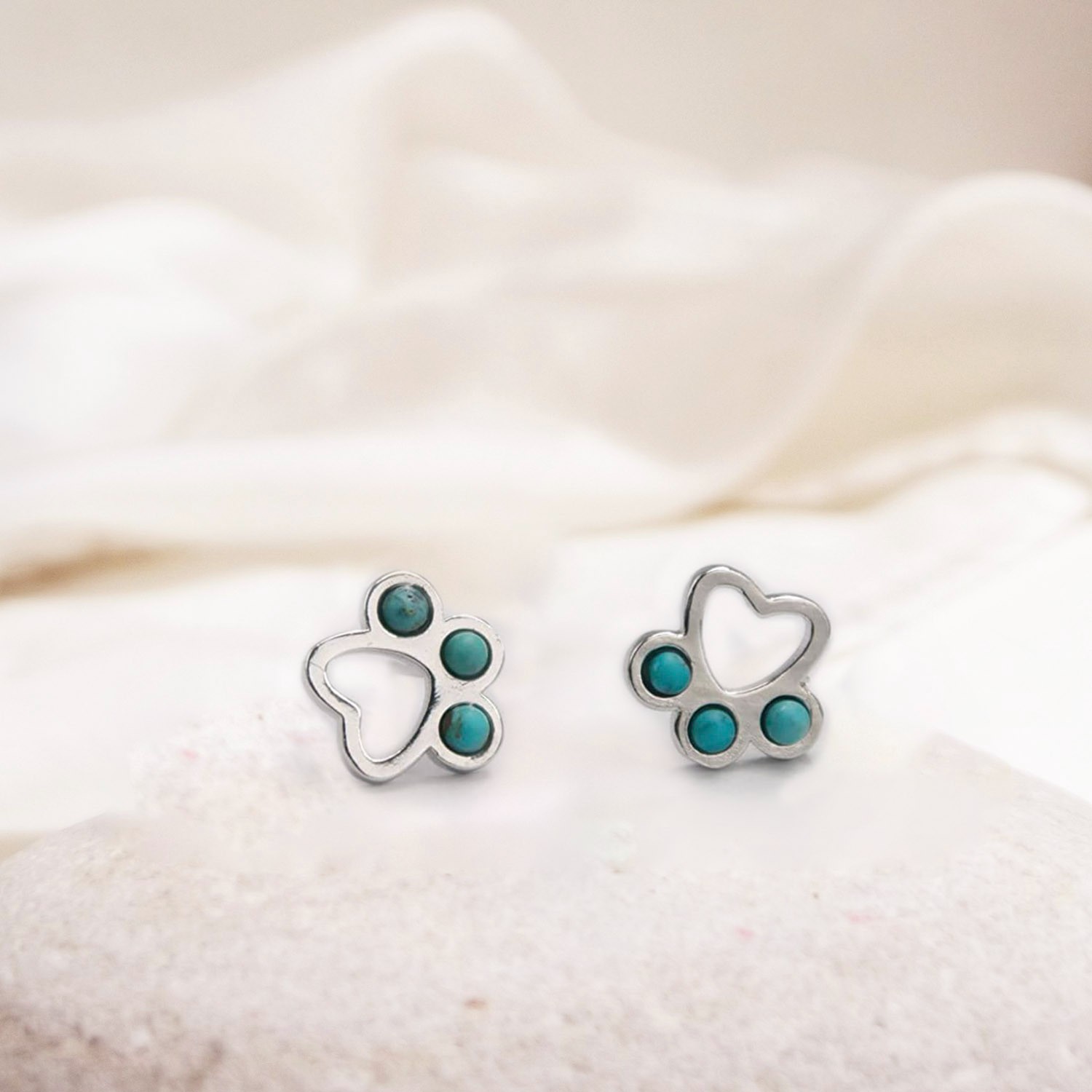 Gemstone Turquoise Paw Stud Earrings, S925 Sterling Silver Natural Crystal Earrings Studs, Puppy Dog Cat Pet Paw Print Earrings for Women Girls