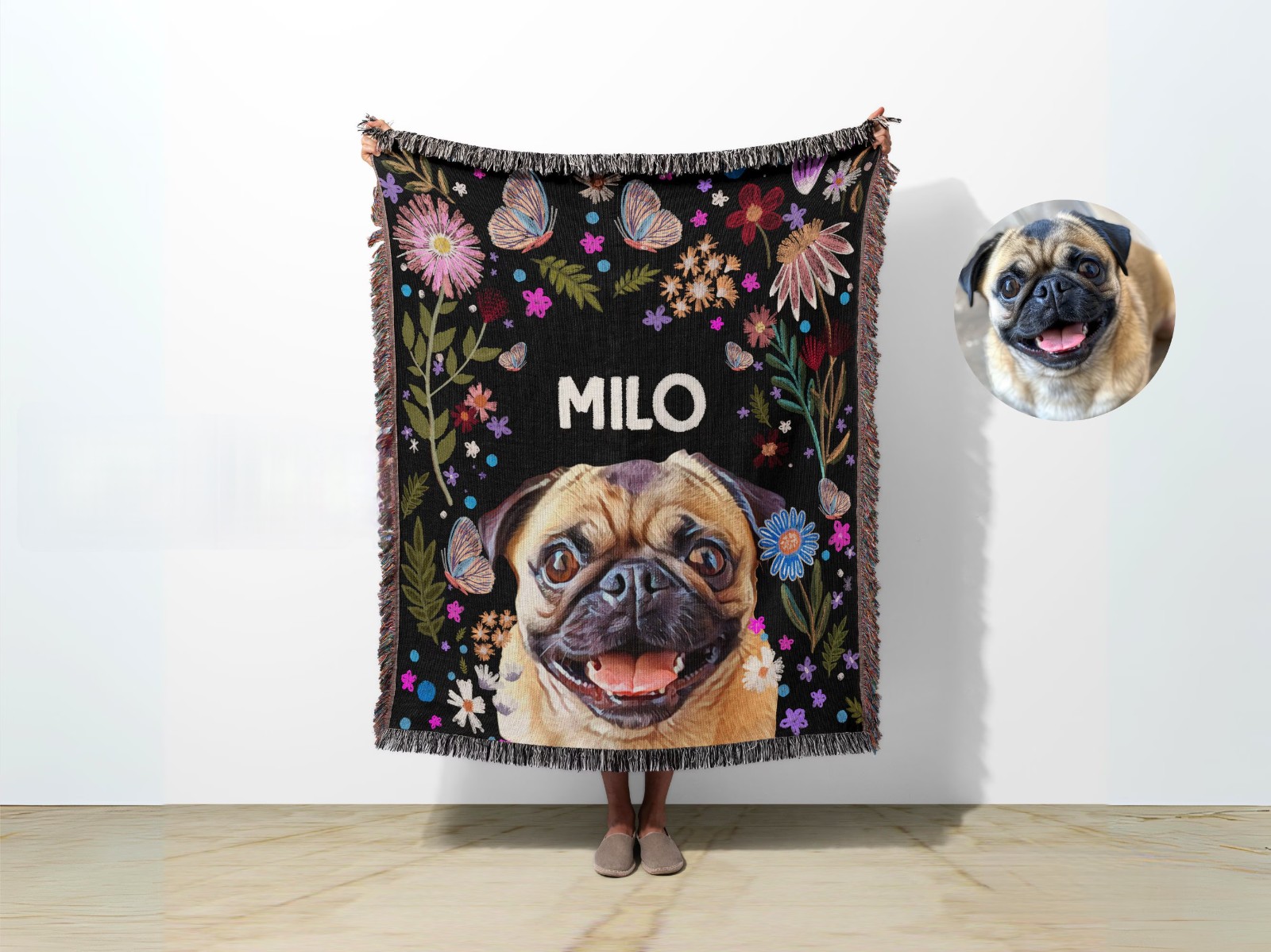 Personalized Pet Photo & Name Woven Blanket | Custom Dog or Cat Picture Throw | Blanket With a Photo