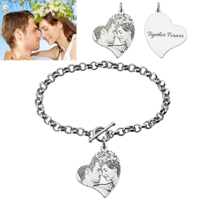 Heart Charm Engraved Memorial Photo Bracelet Sterling Silver