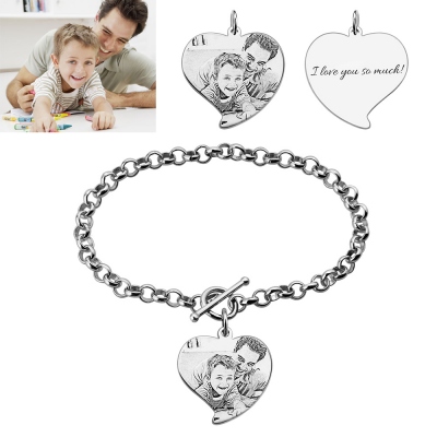 Charming Father and Son Photo-Engraved Heart  Bracelet