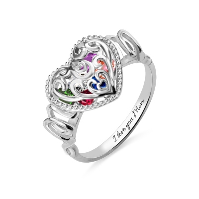 Platinum Plated "MOM" Heart Cage Ring with Birthstones