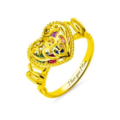 "MOM" Heart Cage Ring With Birthstones Gold Plated