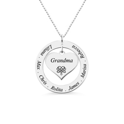 Circle Grandma Heart Pendant Necklace Engraved Kids Names