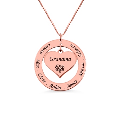 Engraved Circle Necklace Grandma Heart Pendant In Rose Gold