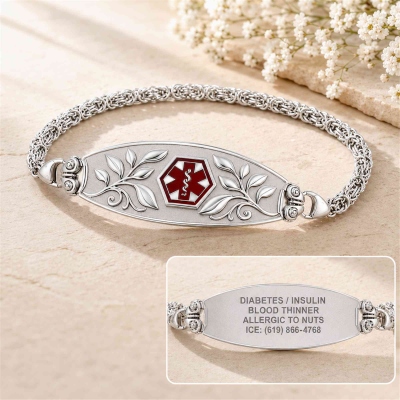Custom Engraved Olive Vine Scroll Angel Medical Alert ID Bracelet, Handmade Byzantine Link Chain Safety Jewelry, Protective Gift for Family/Friends