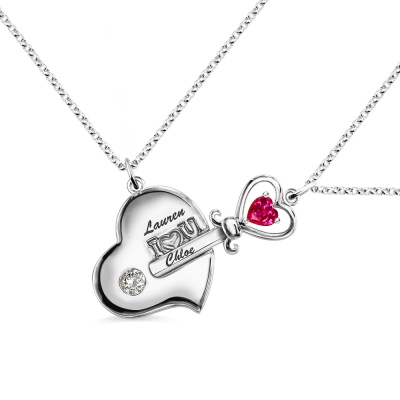 Key to My Heart Birthstone Necklace For Mother And Daughter In Platinum Plated