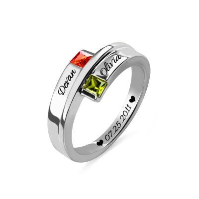 Engraved Double-Square Birthstones Ring Platinum Plated