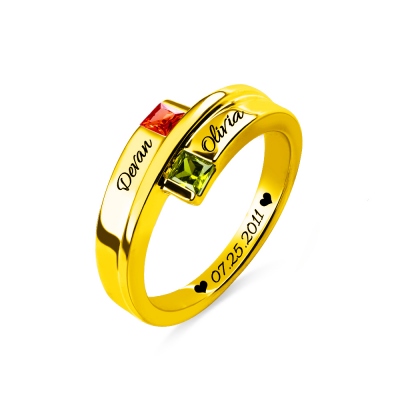 Engraved Square Birthstones Memorial Name Ring Gold Plated