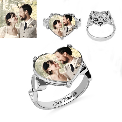 Engraved Heart Shaped Wedding Photo Ring Sterling Silver