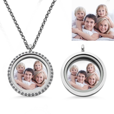 Round Floating Locket Photo Necklace Stainless Steel