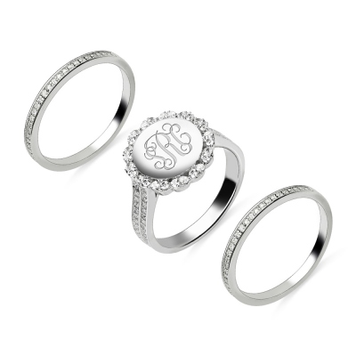 Monogrammed Cubic Zirconia Stacked Silver Ring