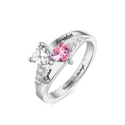 Custom Sterling Silver Engraved Double Heart Birthstone Ring with Engraved Names and Text, Mother's Day Birthday Gift for Her