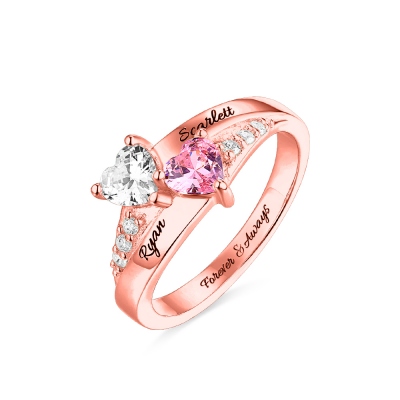 Engraved Double Heart Birthstone Ring In Rose Gold