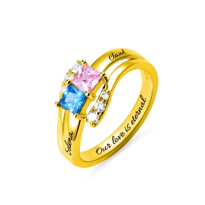 Custom Names Engraved Two Birthstones Ring Gold Plated