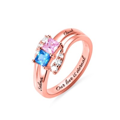 Custom Engraved Two Birthstones Ring In Rose Gold