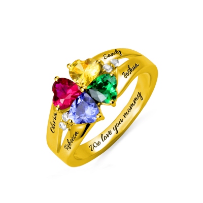 Custom Engravable 4 Heart Birthstones Name Ring Gold Plated