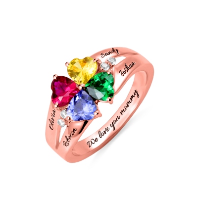 Custom Four Heart Birthstones & Names Ring In Rose Gold
