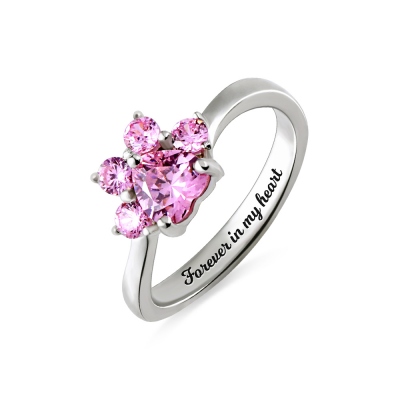 Custom Paw Print Birthstones Ring Sterling Silver