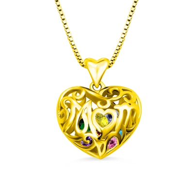 Custom Mom's Heart Cage Birthstone Necklace Gold Plated