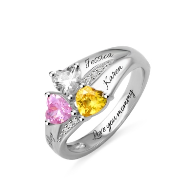 Custom Heart Birthstone Engraved Names Ring Sterling Silver