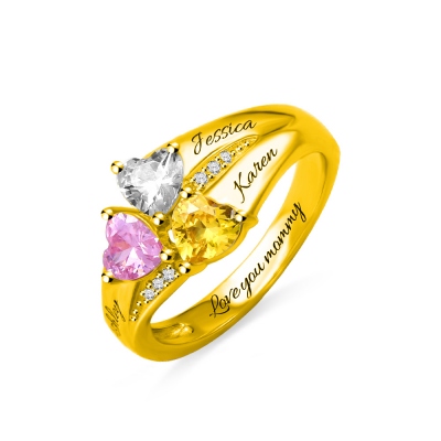 Custom Heart Birthstone Engraved Ring Gold Plated