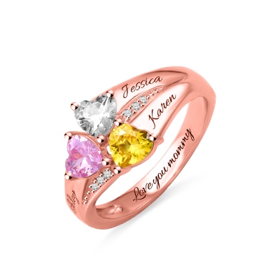 Custom Heart Birthstone Engraved 3 Names Ring In Rose Gold