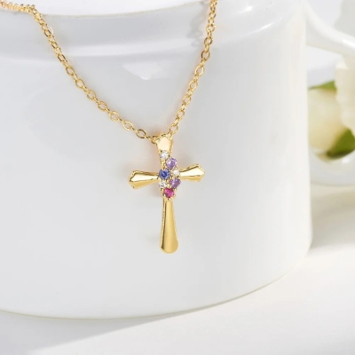Custom Cross Necklace with 1-4 Birthstones, Dainty Crucifix Necklace, Christening/First Communion/Mother's Day Gift for Family/Friend/Women Christian
