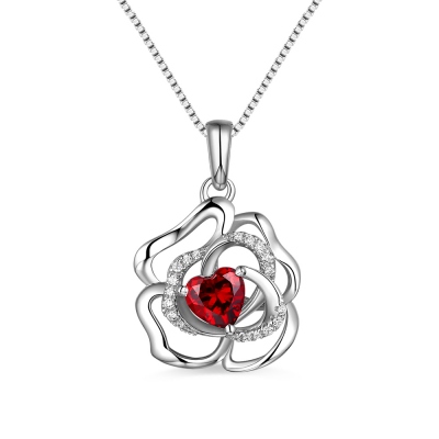 Custom Rose Flower Necklace With Heart Birthstone