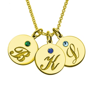 Engraved Initial & Birthstone Disc Charm Necklace 18k Gold Plated