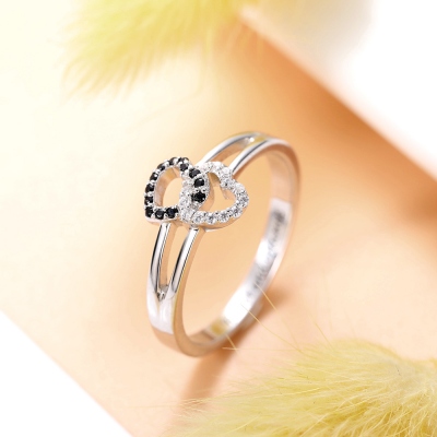 Engraved Double Heart Ring with Birthstone by Sterling Silver