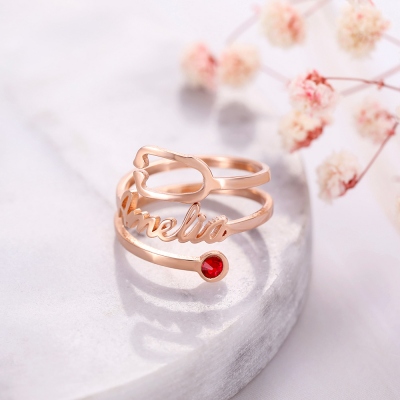 Personligt namn &amp; Birthstone stetoskopring i rosaguld