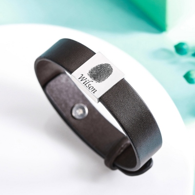 Personalized Men's Leather Bracelet with Couple's Fingerprint